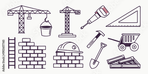 Assorted construction tools and materials arranged in a grid layout