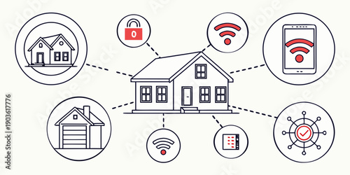 Smart home technology with various connected devices and sensors for automation and security.
