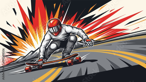 Skateboarder riding on a road with dynamic red and orange background