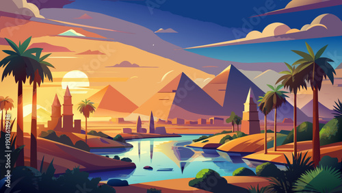 Very beautiful Egyptian sunset scene blends pyramids, palm-lined riverbanks, and distant city silhouettes, capturing the balance between ancient monuments, flowing water, and warm desert light.
