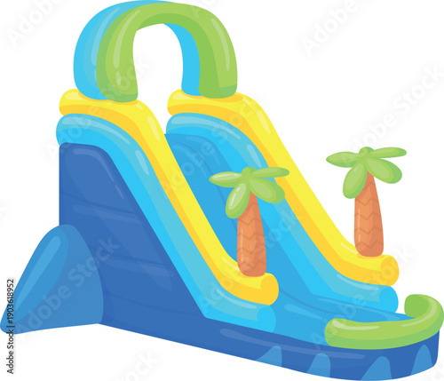 Inflatable park slide. Summer jungle attraction cartoon icon