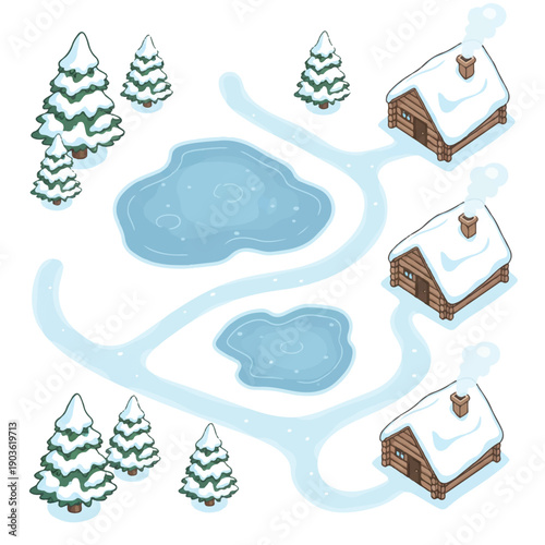Isometric Winter Village Map Illustration with Snowy Cabins, Pine Trees, and Frozen Ponds isolated PNG with Transparent Background