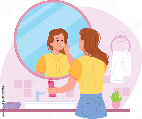 Girl cleansing skin in front of mirror. Skincare routine