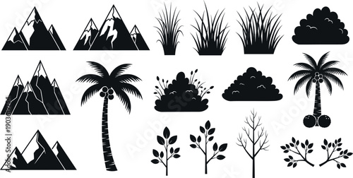Black silhouette nature asset pack with mountains, palm trees, grasses, bushes, foliage, bare branches and organic landscape elements