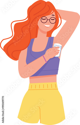 Woman apply deodorant to armpits. Everyday hygiene procedure