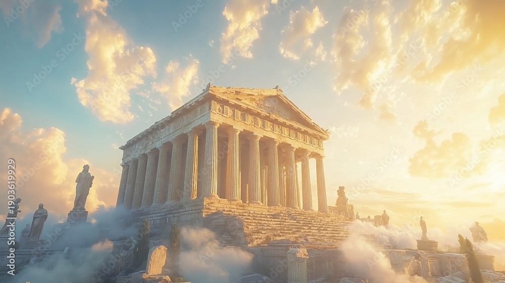 Obraz premium Ancient Greek Temple Ruins with Marble Goddess Statue – Dramatic Clouds and Sun Rays, Classical Civilization Concept