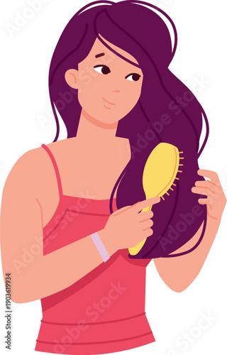 Girl brushing hair. Happy woman beauty routine