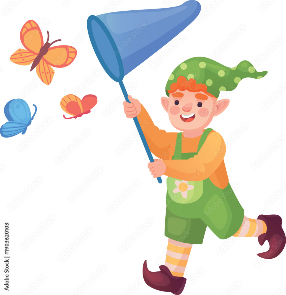 Obraz premium Happy boy running after butterflies with net. Summer activity