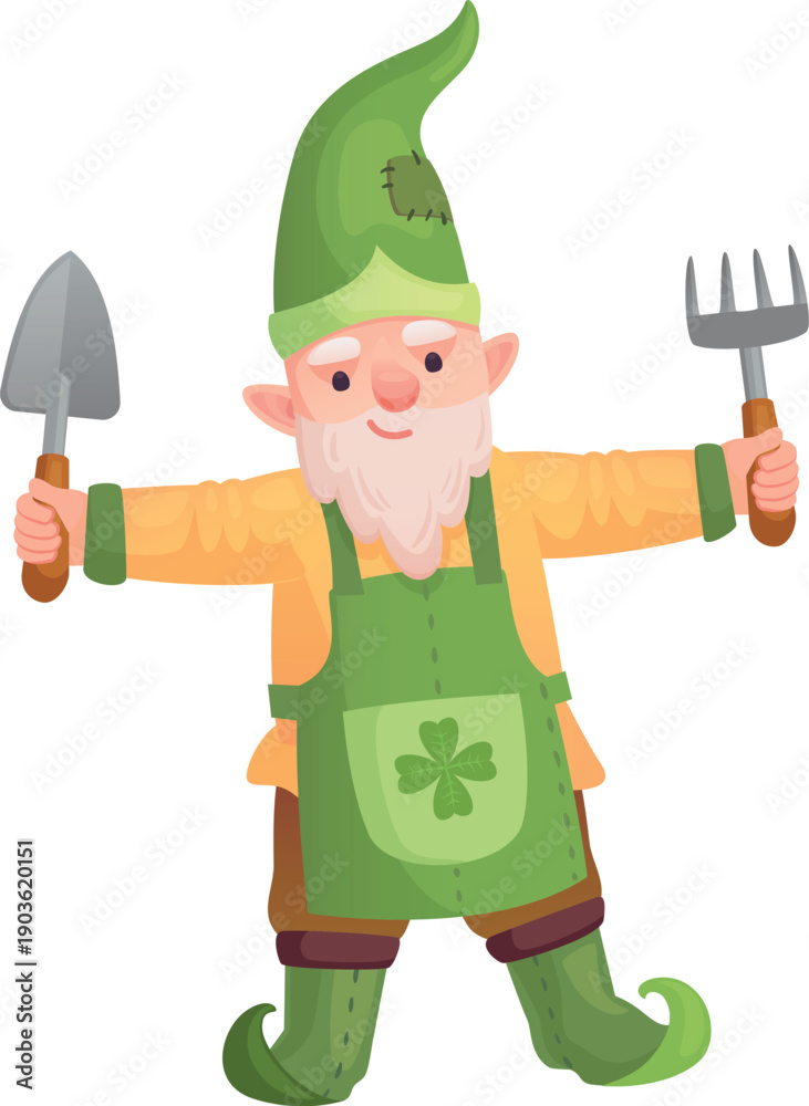 Obraz premium Old gnome with gardening tools. Cartoon irish dwarf