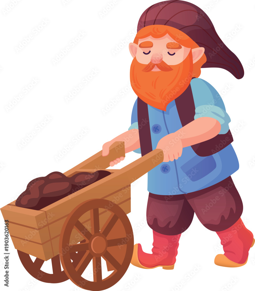 Obraz premium Dwarf push wheelbarrow. Cartoon fairytale gardener character