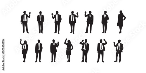Executive male and female silhouettes in formal business wear waving hands and greeting clients at meeting