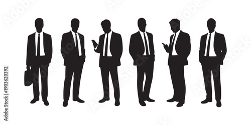 Set of six businessmen silhouettes vector illustration for concept of business communication and corporate