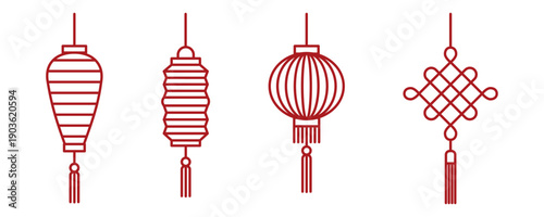 Chinese New Year red lanterns and mystic knot with tassels. Traditional lunar festival decoration set vector illustration isolated line art