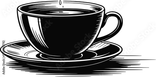 Black and white illustration of a coffee cup with saucer