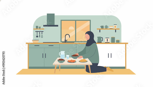 A woman kneeling in a modern kitchen, preparing a meal on a low table, surrounded by cooking utensils and ingredients, viewed from the side.