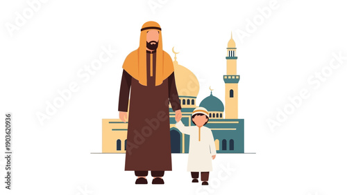 Man and child standing together in front of a mosque illustration