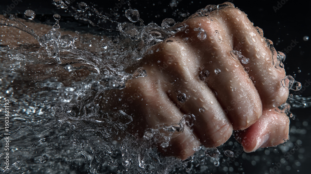 Fototapeta premium Powerful fist punching through water, creating dynamic splashes and droplets in a dramatic, high-speed action shot.