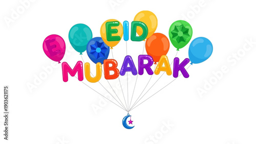 Colorful balloons with Eid Mubarak text floating in the air, celebrating festive occasion
