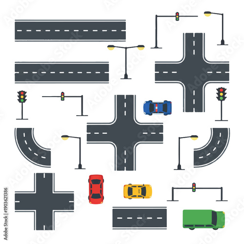 Vector Road Elements Set. Top View Isolated Cars, Traffic Lights, and Streetlights for City Map Design. isolated PNG with Transparent Background