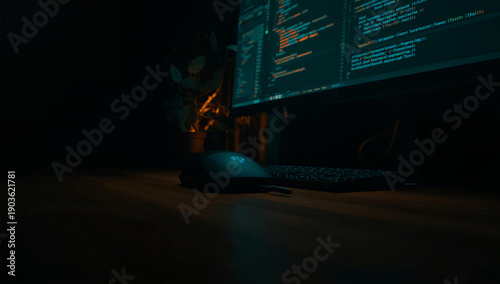 Tapety artystyczne シネマティックな陰影の中でモニターのコードが浮かび上がる