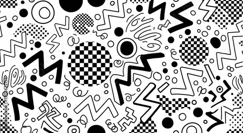 Retro 80s memphis style pattern with geometric shapes zigzags circles and checkerboard elements black and white