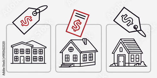 Three houses with different price tags and statuses.