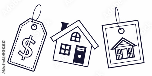 Illustration of a dollar sign, a house, and a house with a dollar sign.