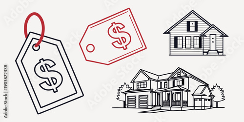 Illustration of various icons representing real estate and financial concepts