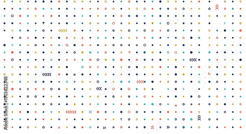 Seamless pattern of small colorful abstract geometric shapes and symbols on a white background vector illustration