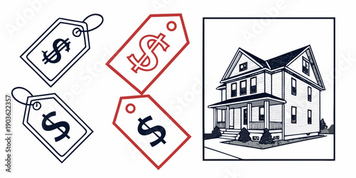 A house with sale and mortgage tags, illustrating real estate financing options.
