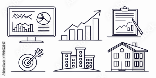 Illustration of various business and real estate related icons.