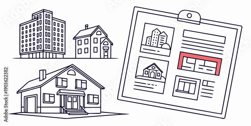 Illustration of various types of houses and a newspaper advertisement.