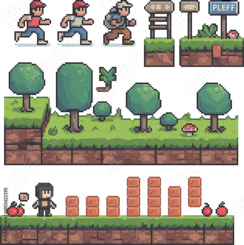 Pixel art platformer sprite sheet, retro game assets, running characters, terrain tiles, collectible apples, fantasy environment, 2D side-scrolling illustration
