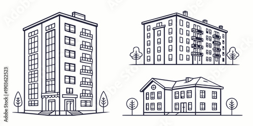 Illustration of three different types of buildings including a high rise, a mid rise and a house