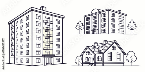 Illustrations of various types of buildings including apartments and houses