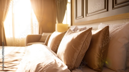 Bright hotel bedroom interior with plush duvet and neatly made mattress in soft morning light. real-estate listings, hospitality marketing, designed for property showcases and accommodation brochures.