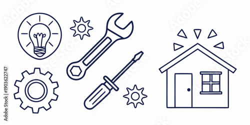 Illustration of tools and a house symbolizing home improvement and maintenance.