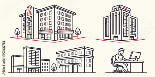 Illustration of various building types and a person working on a computer.