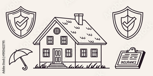 Illustration of a house with various protective symbols and icons around it