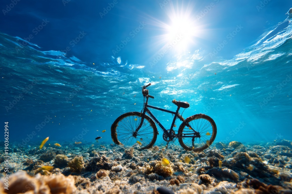 Fototapeta premium Sunken Bicycle Underwater in Clear Blue Ocean with Sunlight Reflection