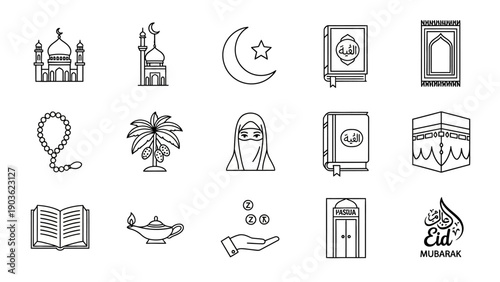 Collection of Islamic symbols and icons representing faith and culture in a simple line art style