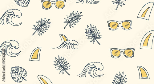 Summer vacation pattern with waves, sunglasses, and tropical leaves.