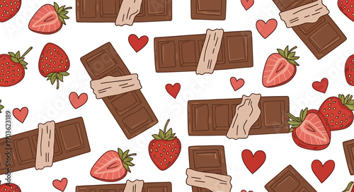 Sweet Indulgence: A delightful seamless pattern features an array of chocolate bars, luscious strawberries, and charming hearts, inviting viewers to a visual feast of sweetness.