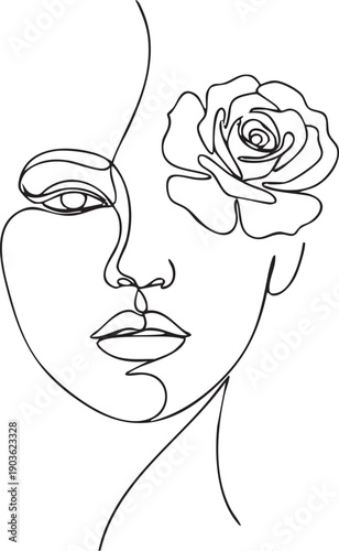 Minimalist woman face one line drawing with rose flower, continuous style drawing