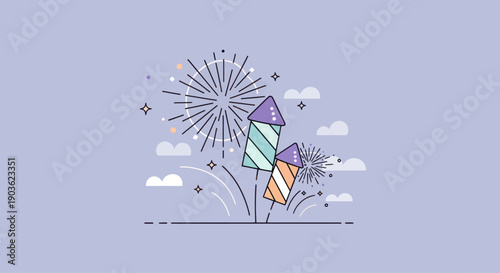 Outline illustration of festive fireworks launching in the night sky.
