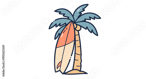 Cartoon illustration of a surfboard leaning on a tropical palm tree