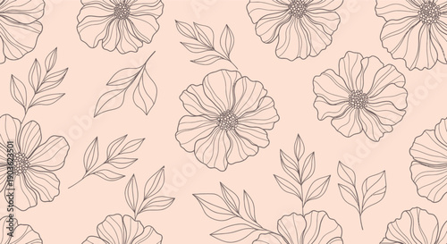 Elegant floral line art seamless pattern on a soft blush background