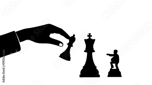 Silhouette of a professional hand moving a large King chess piece on a board, concept of strategic planning, leadership, and decision making.
