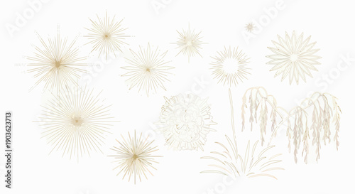 Elegant botanical abstract illustration with minimalist gold floral and plant elements