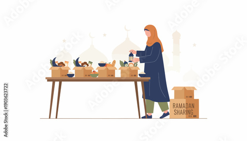 Woman arranging plants in baskets on a table with boxes nearby in a minimalist setting from a slight angle